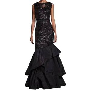 Teri Jon - Black Embellished Lace Ruffle Gown
